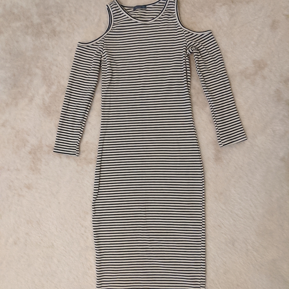navy/cream striped naked shoulder midi dress